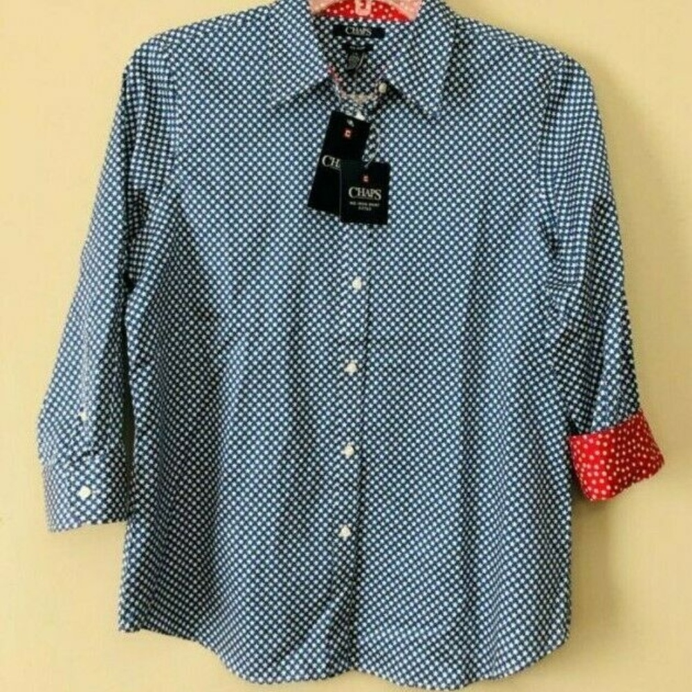 NWT Chaps Long Sleeve Button Up Blue with White St